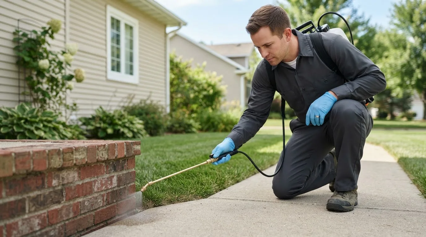 Pest control technician treating a home near Nashua, MN